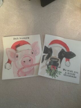 Mud Pie Pink Pig and Black Cow Holiday Reusable Dish Cloths